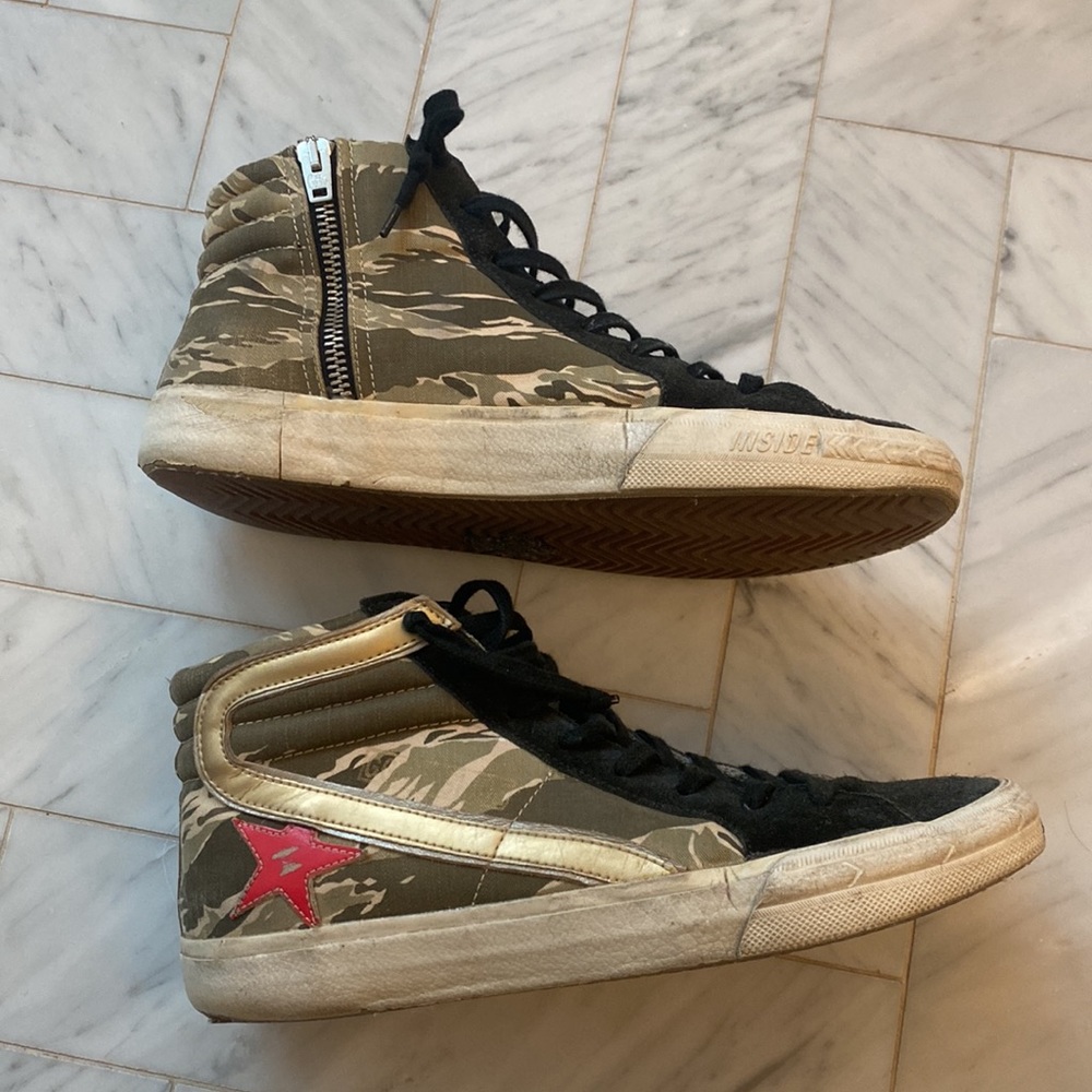 Golden Goose High-Top Sneakers in Black, Tan & Red - Picture 3 of 12